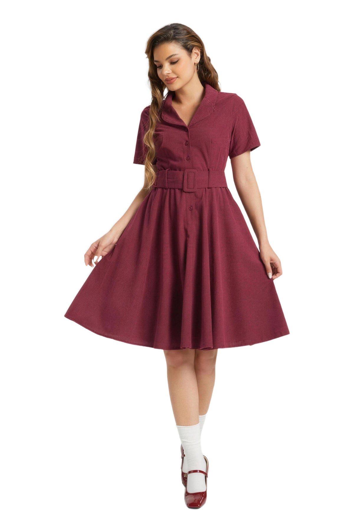 Wren burgundy corduroy shirt dress, front view on white
