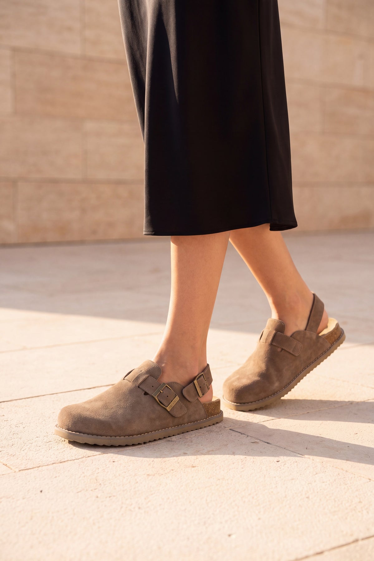 Brookline taupe suede cork footbed clog, worn walking on stone pavement, toe and heel detail