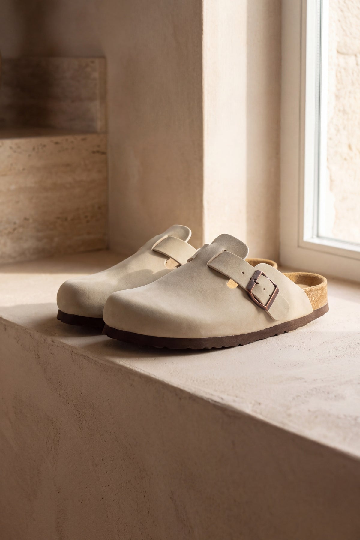 Marnie stone suede slip on clog, pair standing on a warm plaster ledge