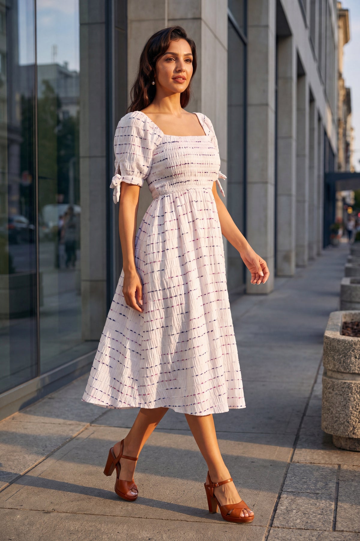 Rowan white smocked square neck midi dress, worn walking past a glass fronted building