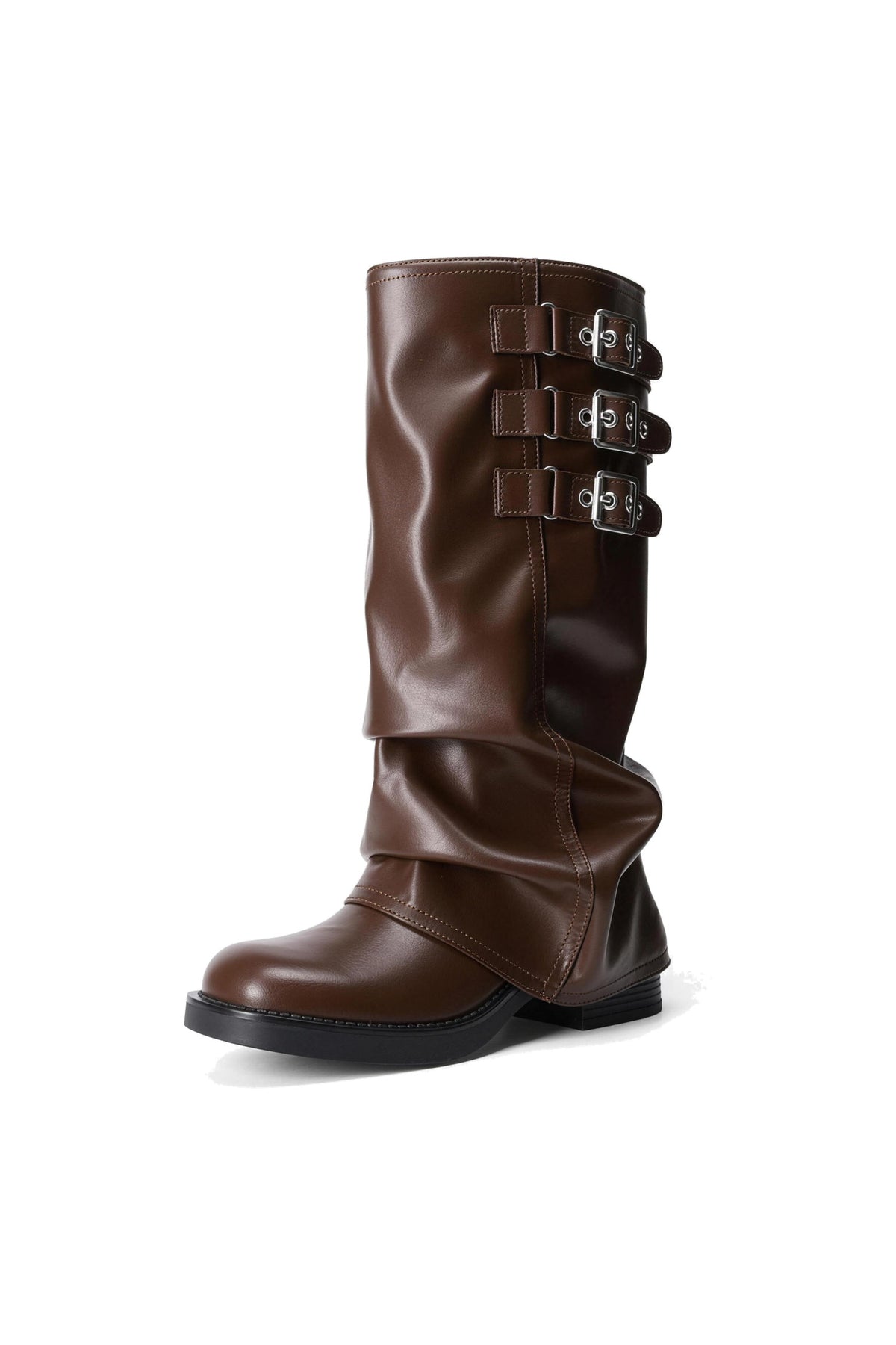 Rhodes brown buckled knee high moto boot, side view on white