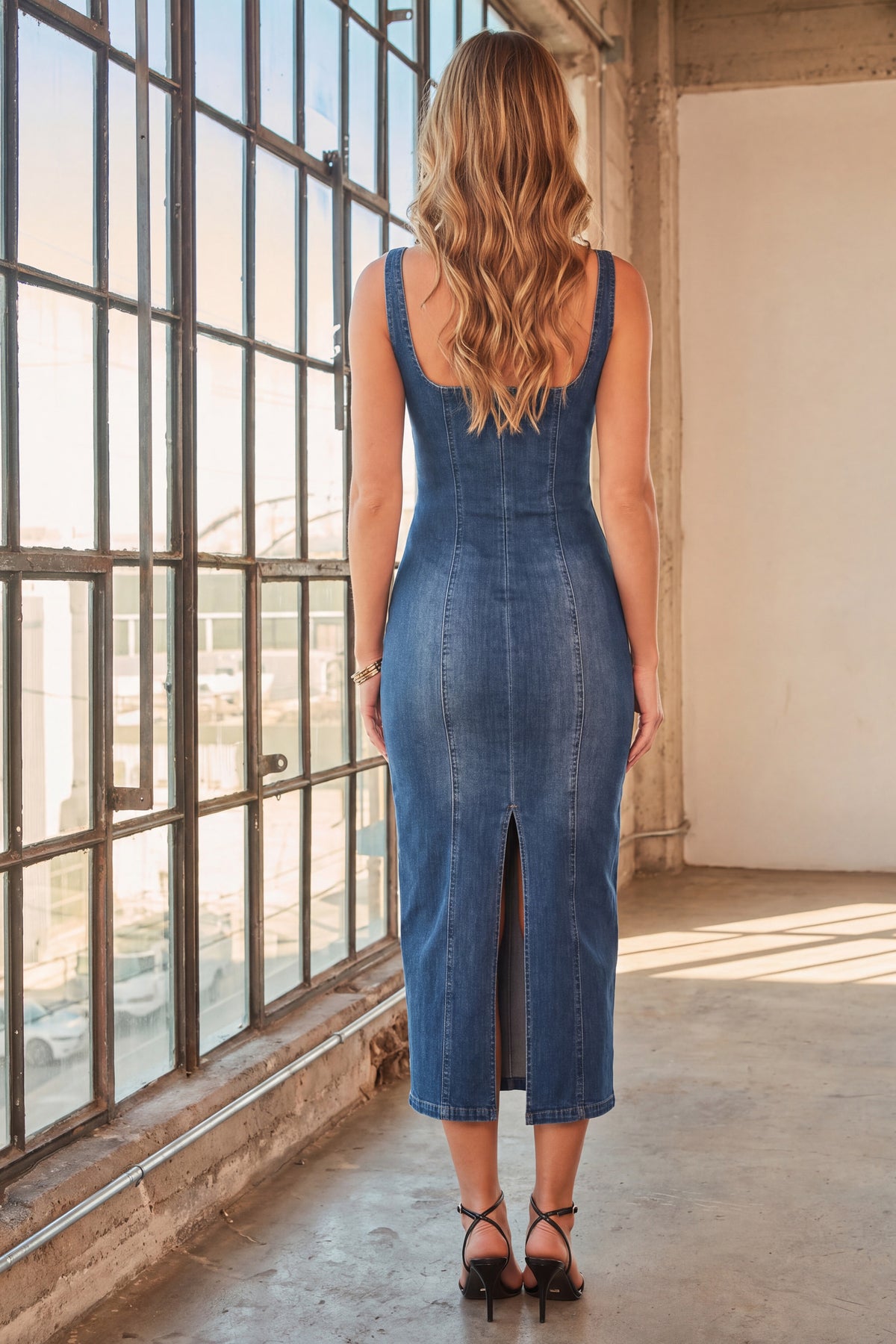 Juno blue denim bodycon midi dress, back view beside a tall window