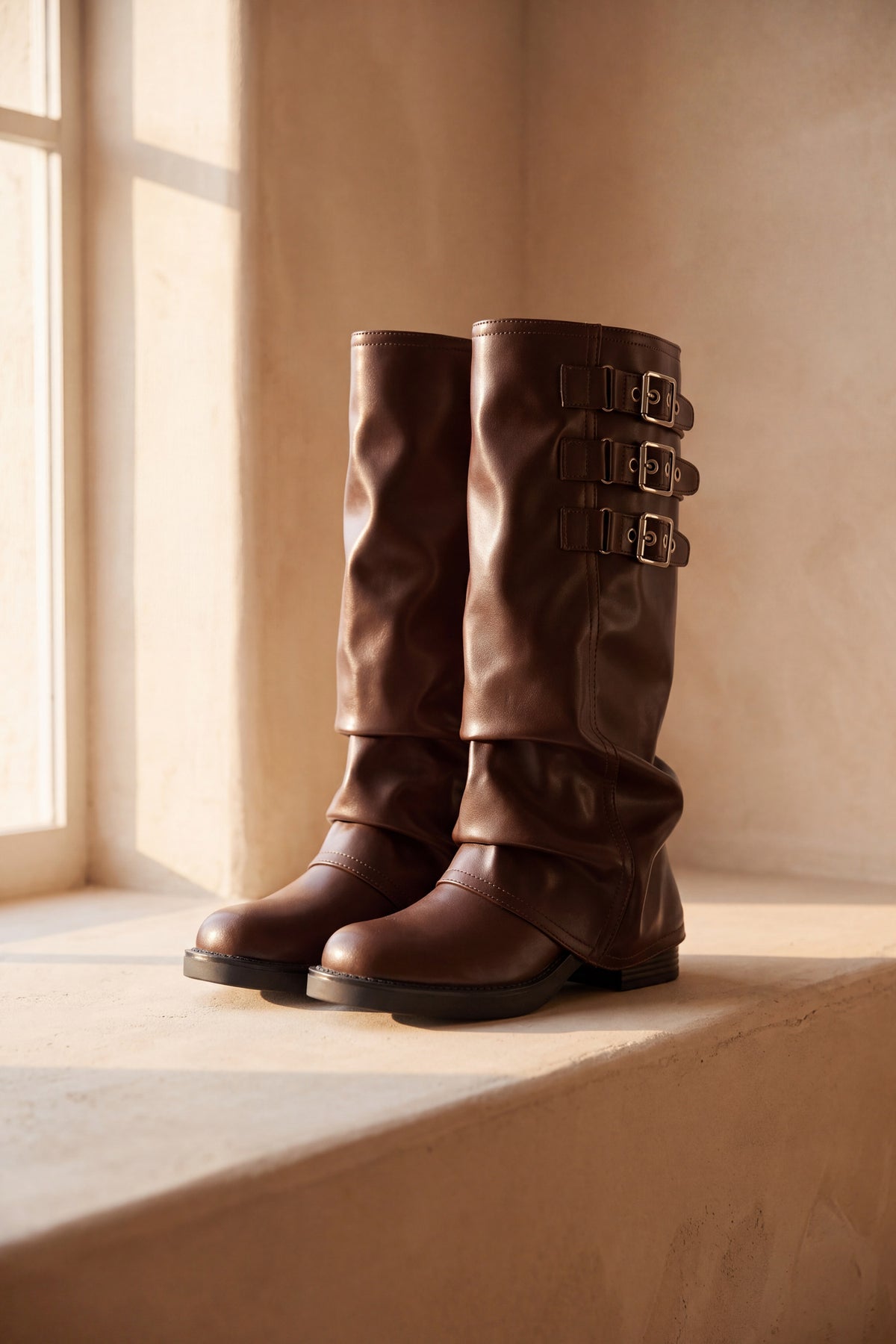 Rhodes brown buckled knee high moto boot, pair standing on a warm plaster ledge