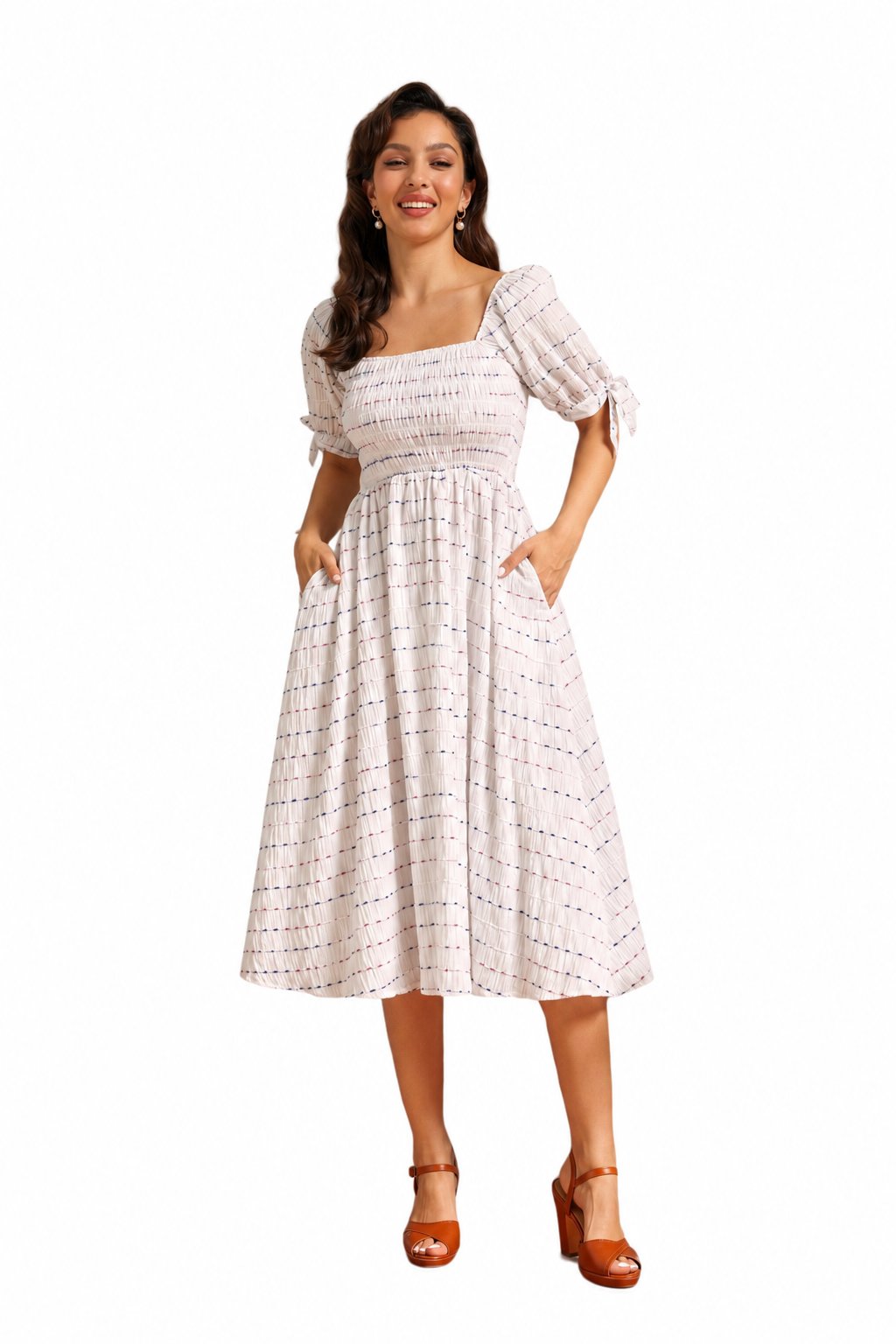Rowan white smocked square neck midi dress, front view on white