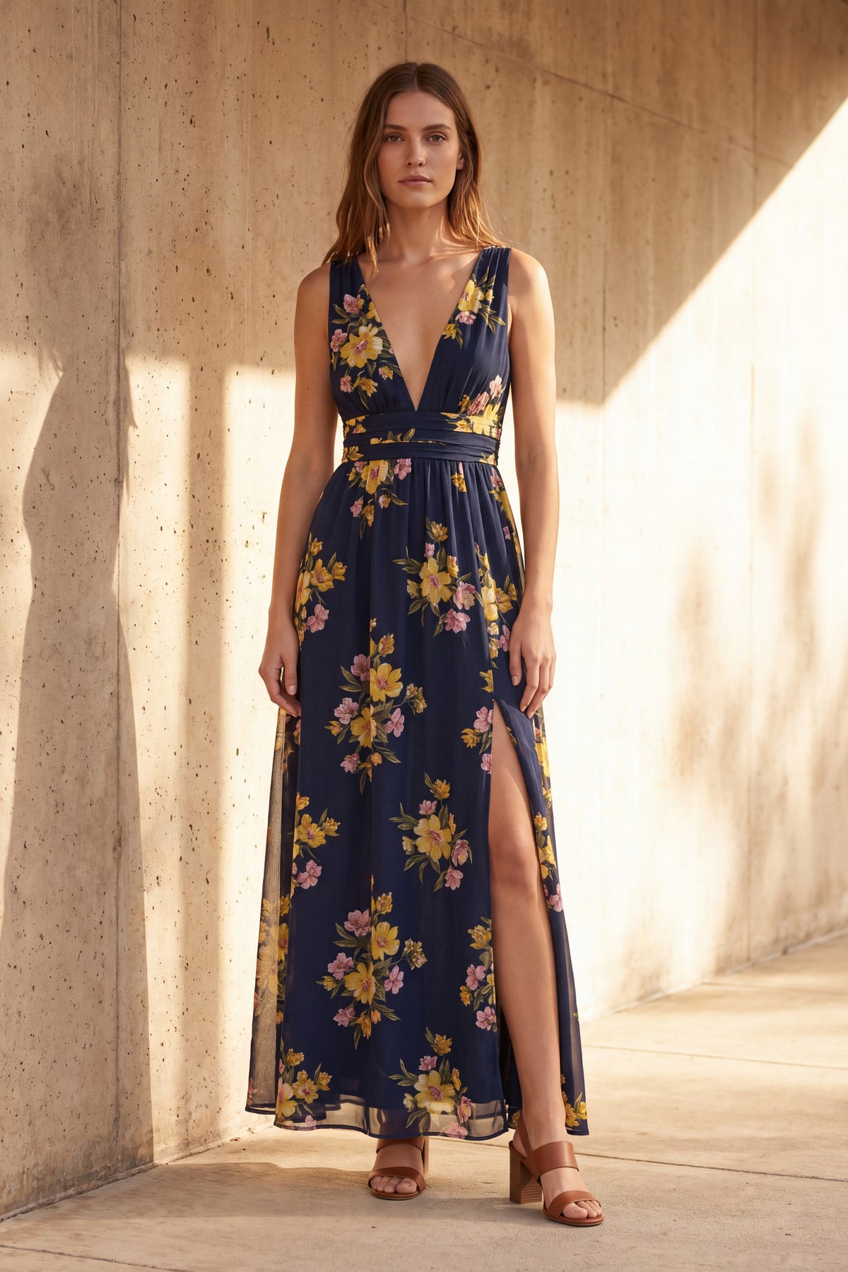 Delphine navy floral chiffon maxi dress, worn full length against a sunlit concrete wall
