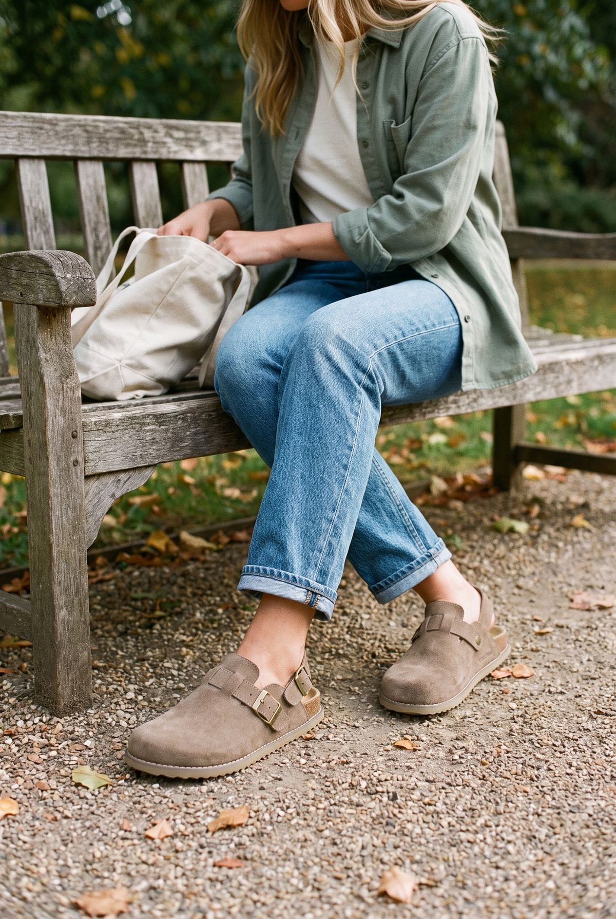 Brookline footwear styled in a natural everyday setting.