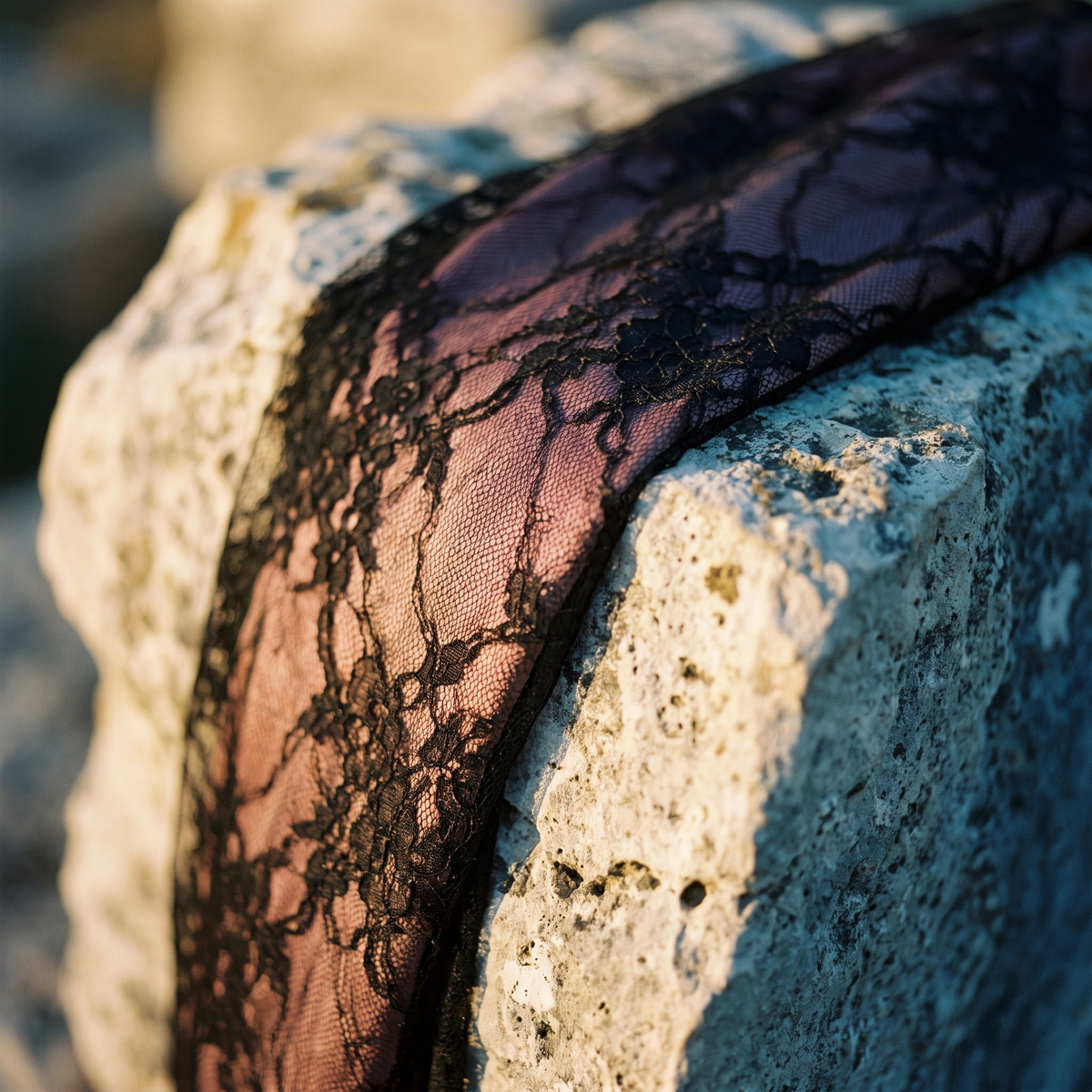 Black lace over blush silk draped on weathered limestone at dusk