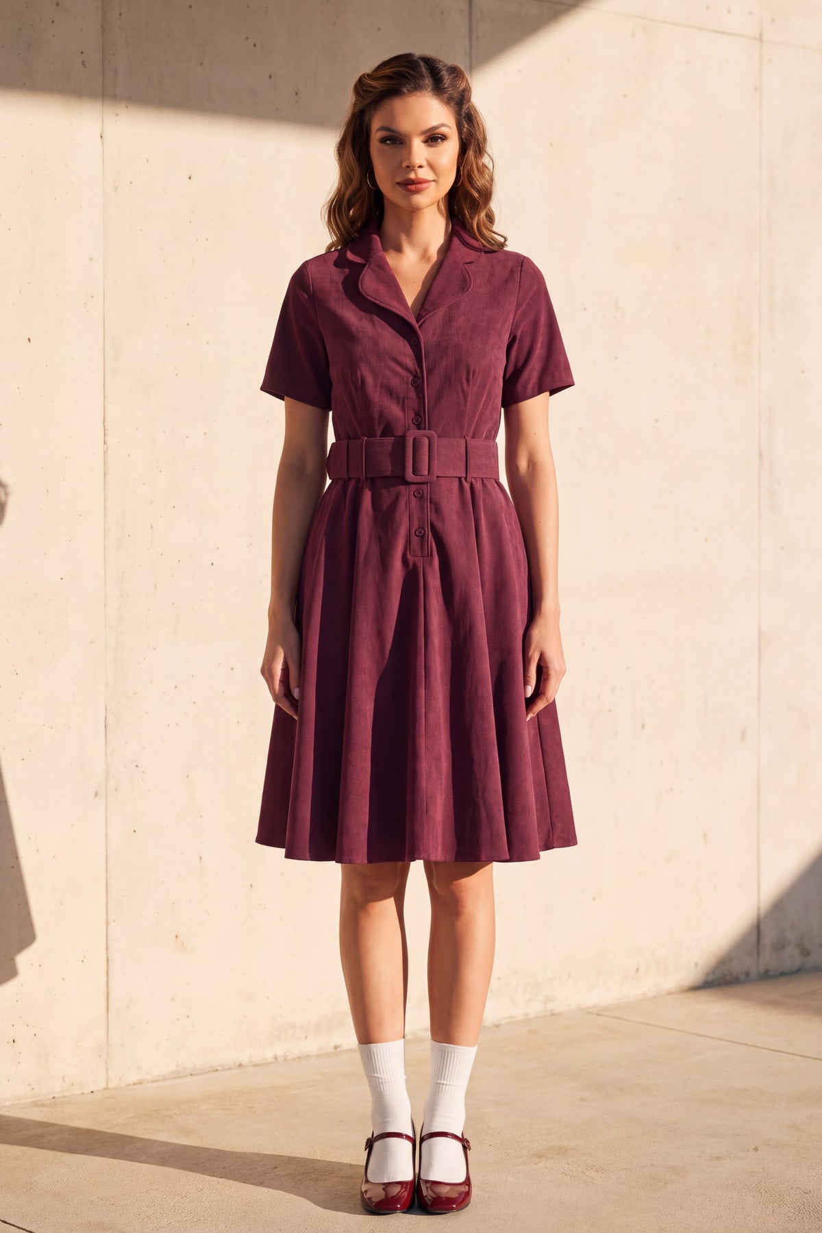 Wren burgundy corduroy shirt dress, worn full length against a sunlit concrete wall