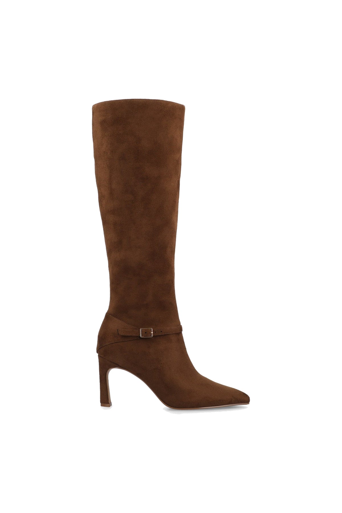 Vesper tan suede pointed toe knee high stiletto boot with ankle strap, side view on white