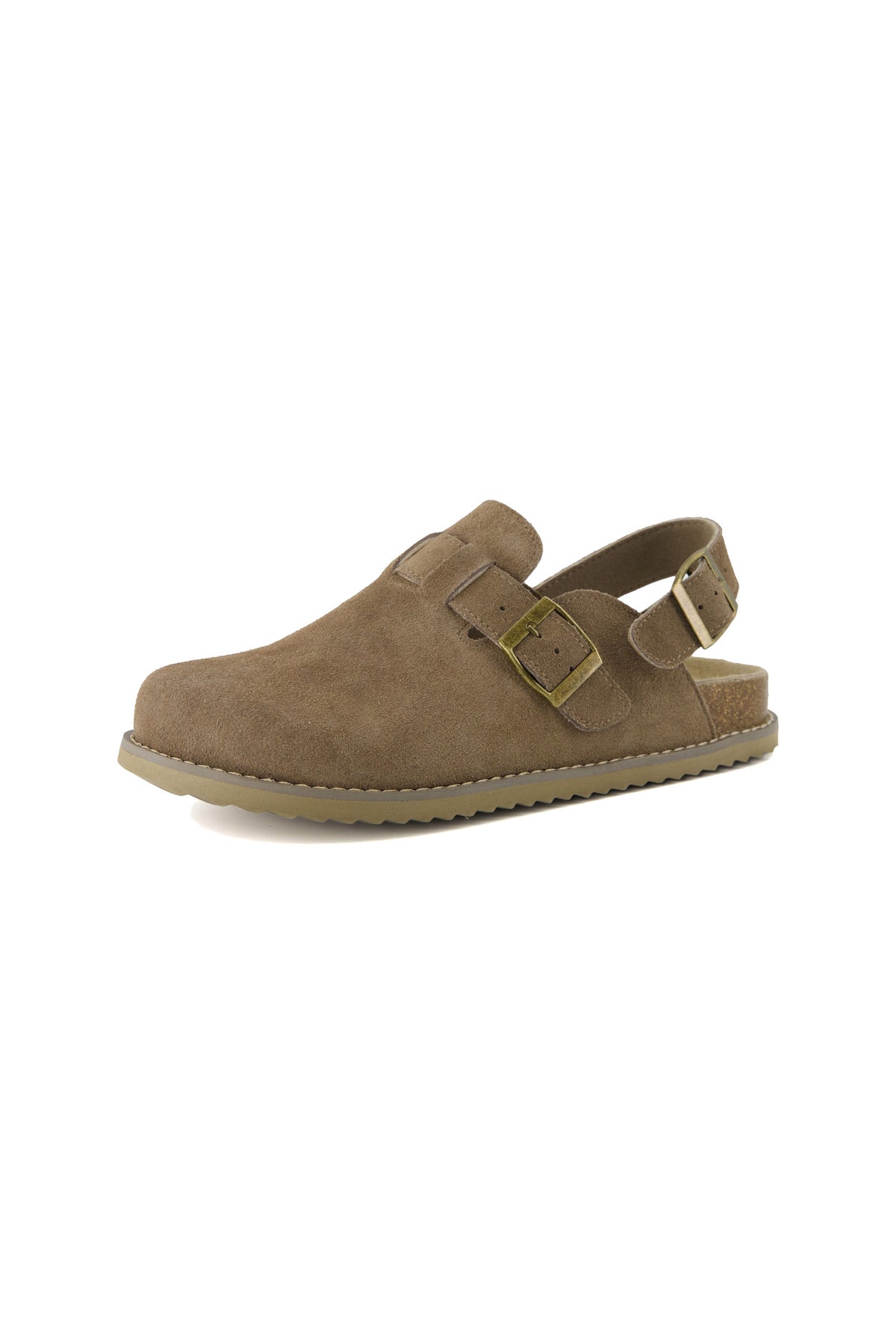 Brookline taupe suede cork footbed clog, side view on white