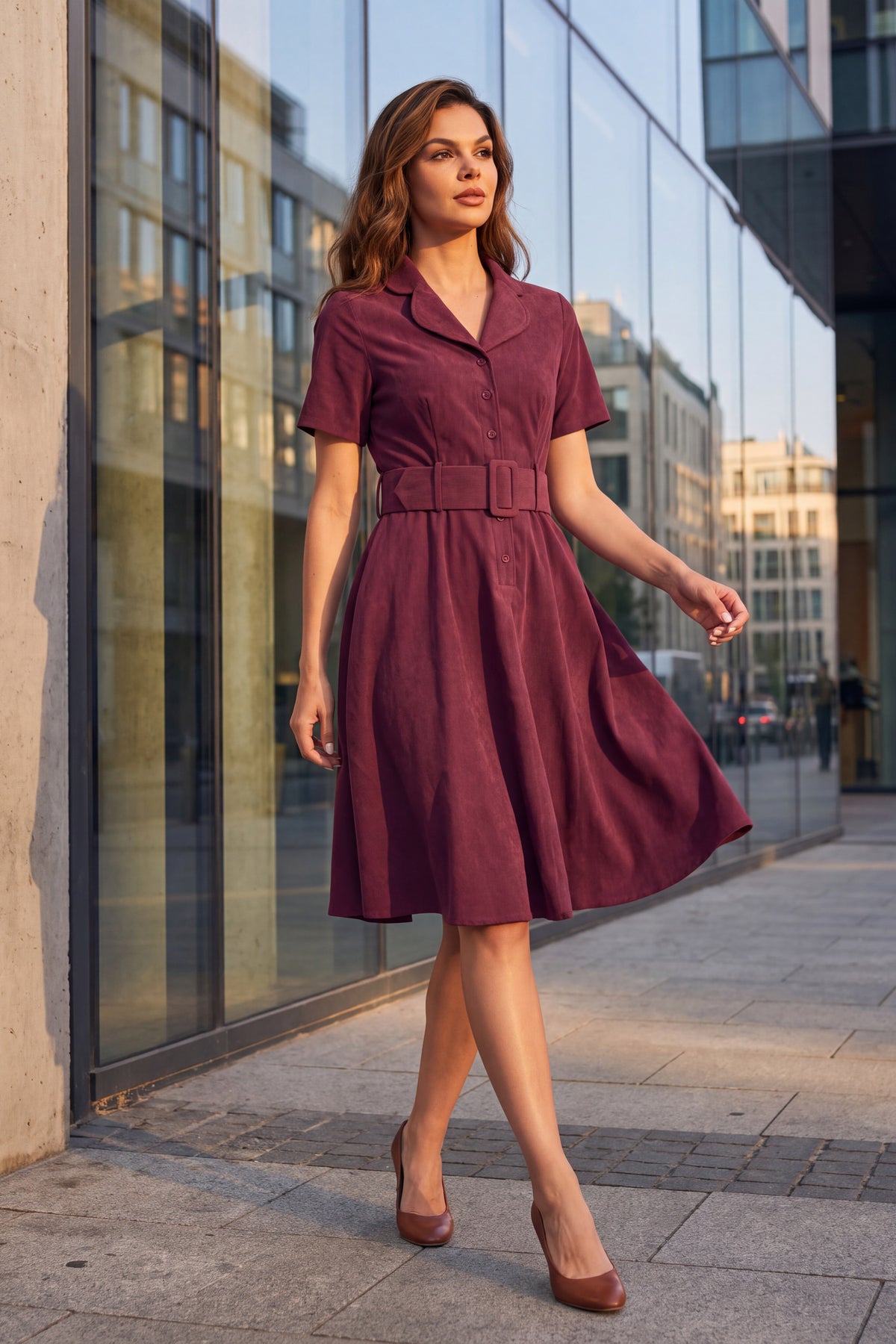 Wren burgundy corduroy shirt dress, worn walking past a glass fronted building