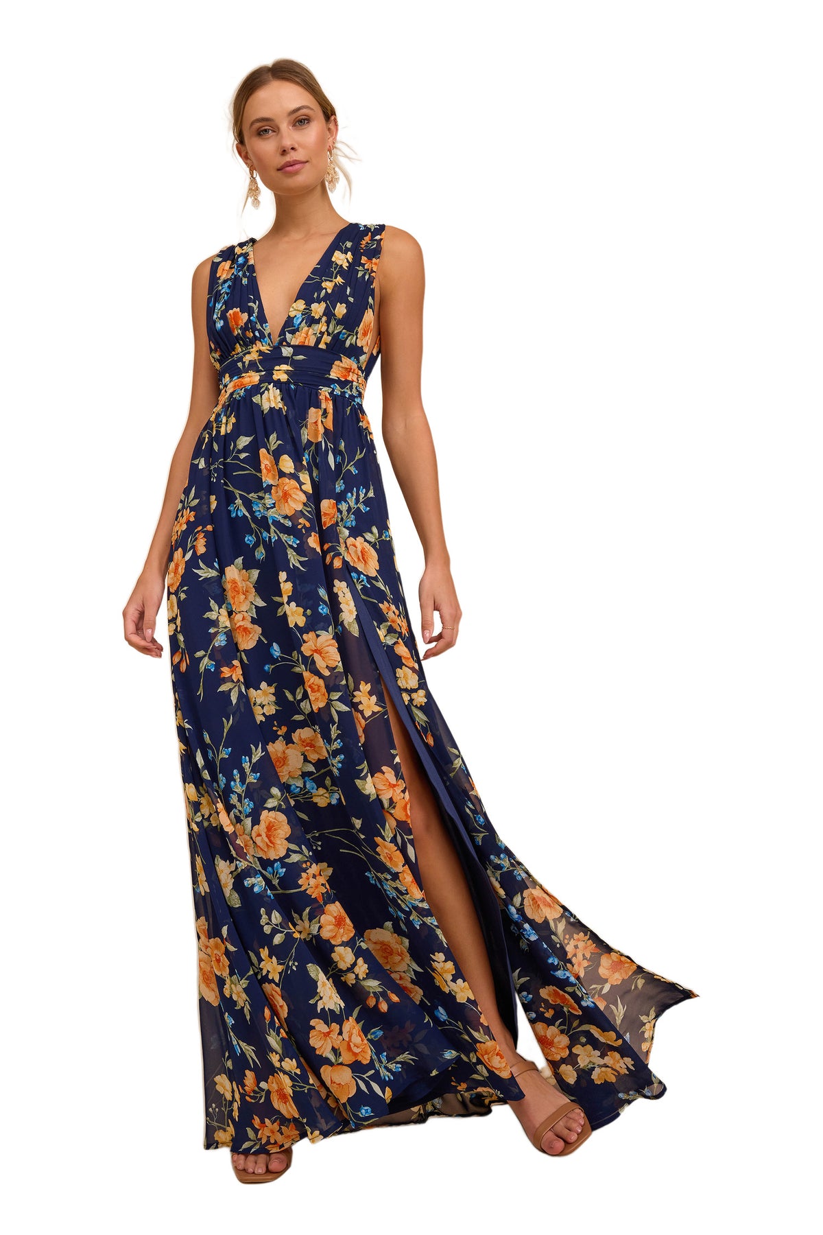 Delphine navy floral chiffon maxi dress, front view on white