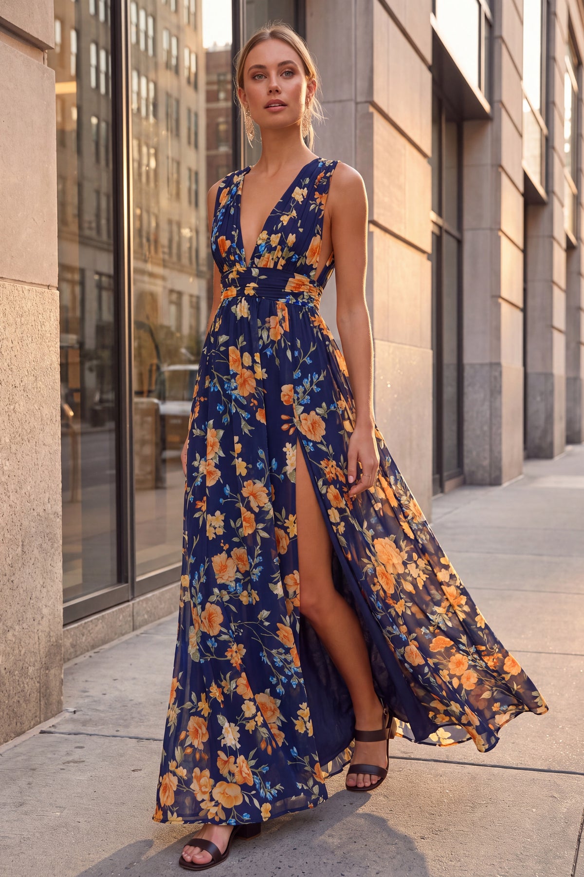 Delphine navy floral chiffon maxi dress, worn walking past a glass fronted building