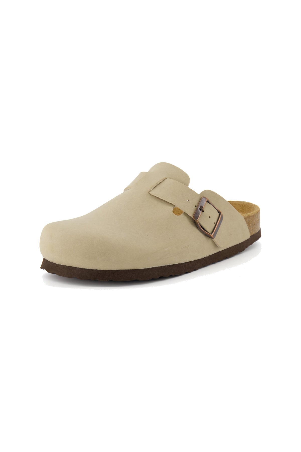 Marnie stone suede slip on clog, side view on white