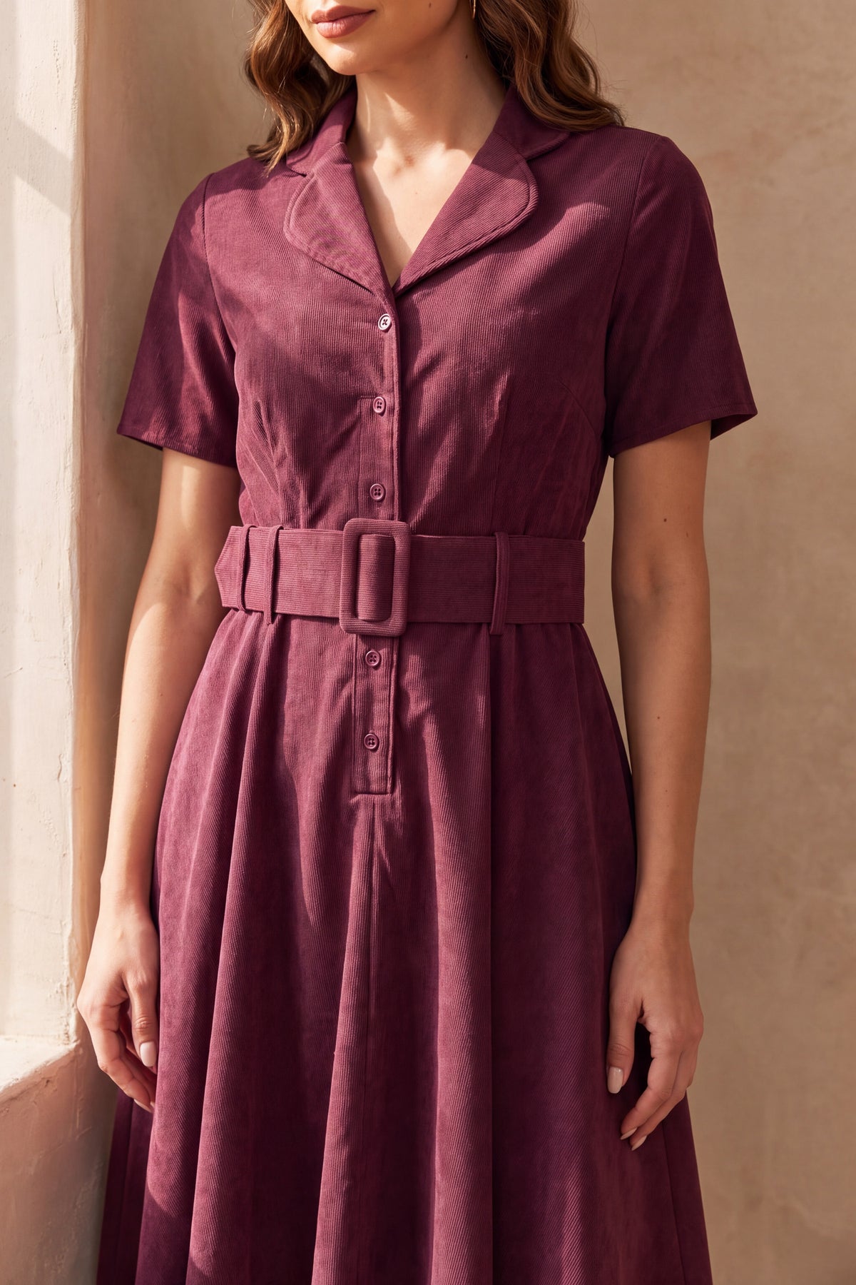 Wren burgundy corduroy shirt dress, close up of neckline, bodice and fabric detail