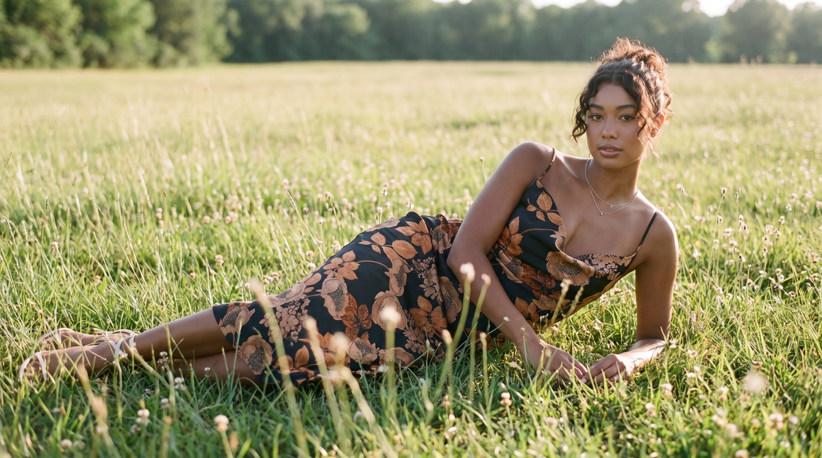 Isolde floral satin dress worn reclining in a sunlit meadow.