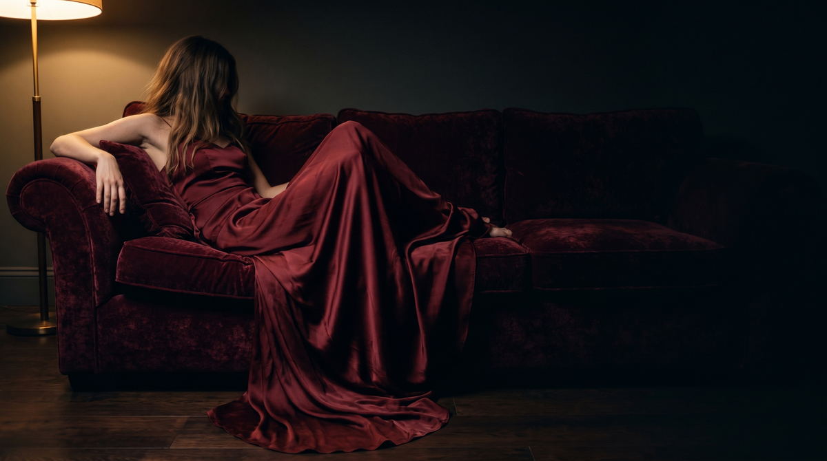 Oxblood satin dress on a deep burgundy velvet sofa in warm low light